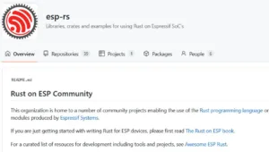 Stránka GitHubu organizace esp-rs s přehledem Rust on ESP Community
