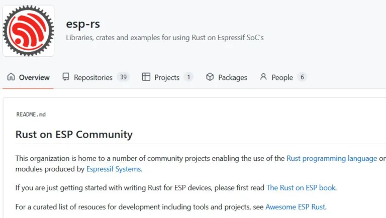 Stránka GitHubu organizace esp-rs s přehledem Rust on ESP Community