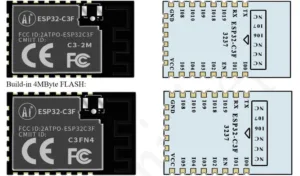 Modul ESP32-C3F zobrazený zepředu i zezadu ve dvou variantách