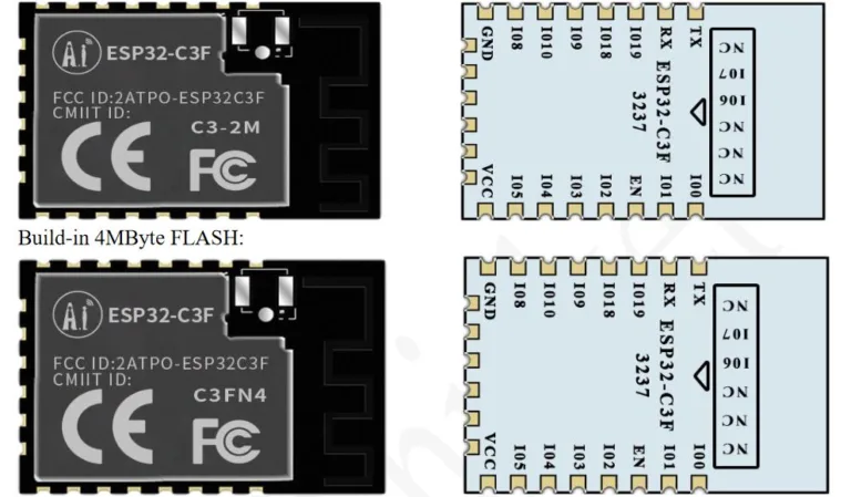 Modul ESP32-C3F zobrazený zepředu i zezadu ve dvou variantách
