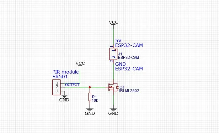 Schéma zapojení PIR čidla SR501 a tranzistoru IRLML2502 pro spínání napájení ESP32-CAM