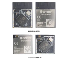 Pohled z obou stran na moduly ESP32-S2-MINI-1 a ESP32-S2-MINI-1U