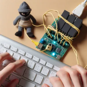 Ilustrace čipu ESP32 s figurkou hackera, klávesnicí a zapojenými kabely