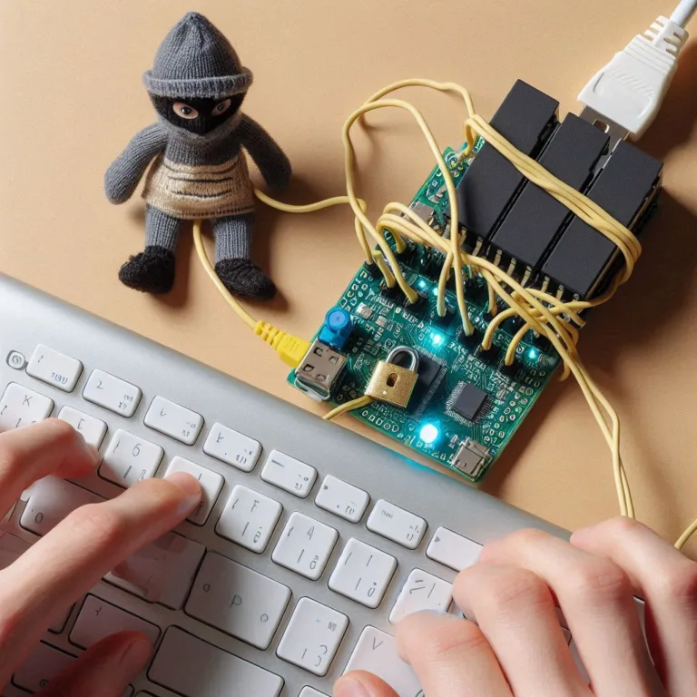 Ilustrace čipu ESP32 s figurkou hackera, klávesnicí a zapojenými kabely
