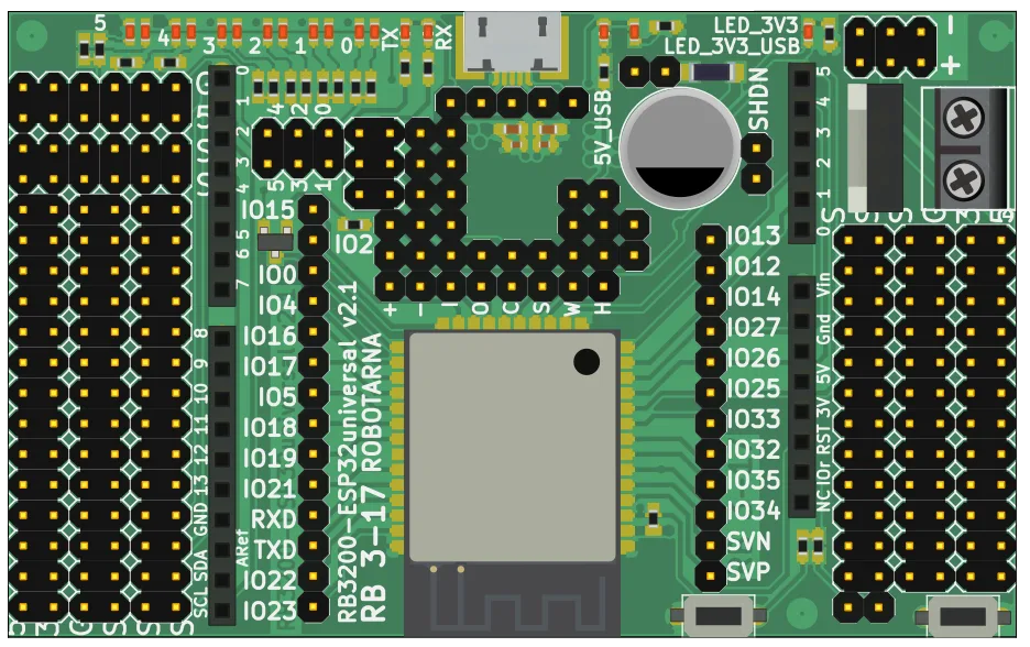 Návrh desky ESP32 Universal Dev Board s modulem ESP32 a řadami pinů