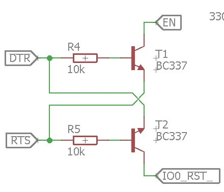 Schéma automatického resetu ESP32 přes signály DTR a RTS, tranzistory BC337 a odpory 10 kΩ