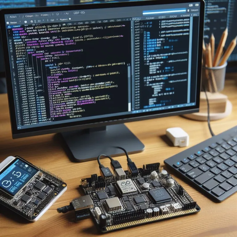 Vývojové desky ESP32 na stole před monitorem s otevřeným zdrojovým kódem