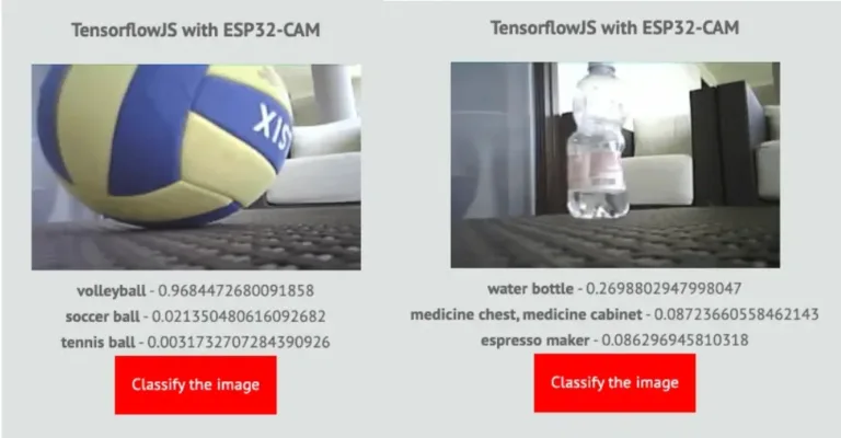 Rozhraní TensorFlow.js klasifikuje snímky volejbalového míče a láhve pomocí ESP32-CAM