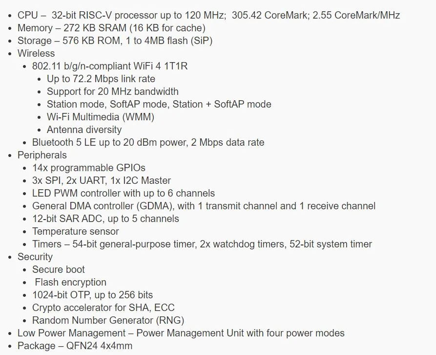 Snímek specifikace čipu ESP8684 s parametry procesoru, Wi-Fi, Bluetooth LE a periferií