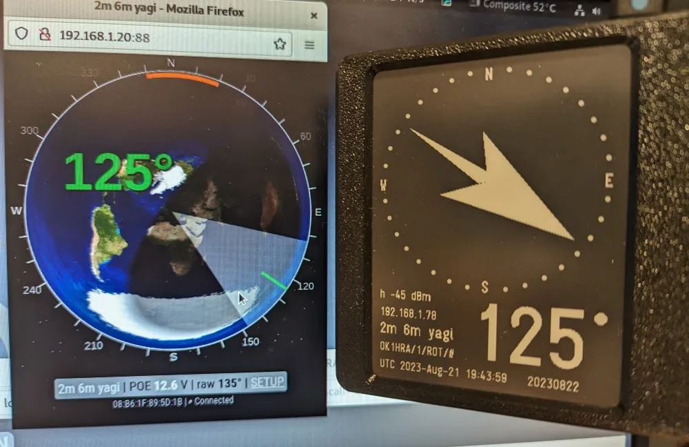 Webové rozhraní rotátoru a ePaper displej zobrazují azimut 125 stupňů