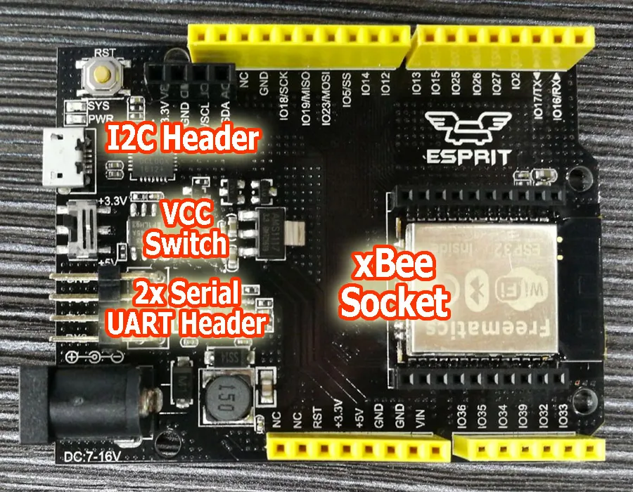 Deska Freematics ESPRIT ESP32 s I2C a UART konektory a paticí XBee