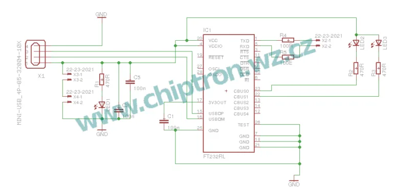 Schéma zapojení převodníku USB-UART s čipem FT232RL