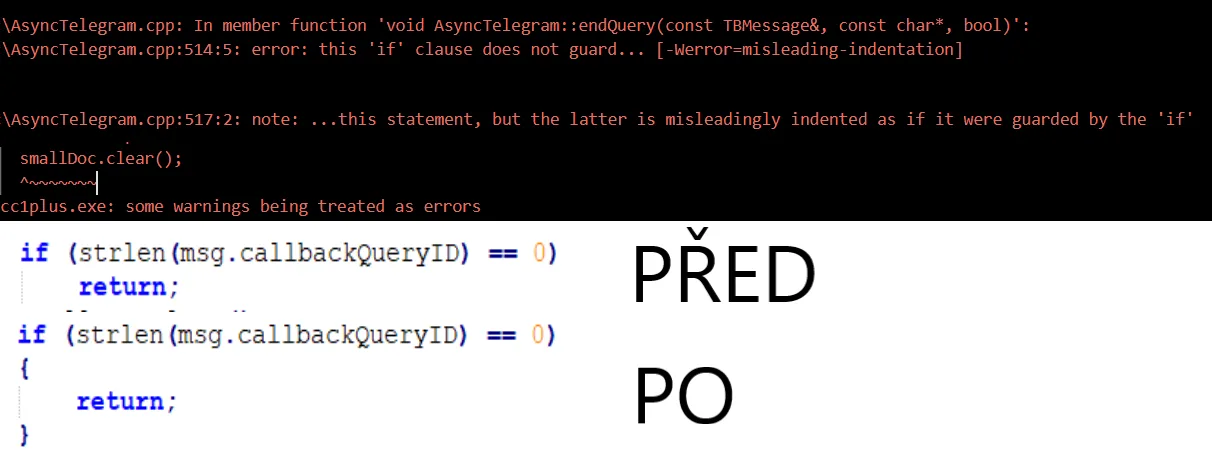 Výpis chyby kompilátoru v Arduino IDE a porovnání odsazení kódu před a po opravě