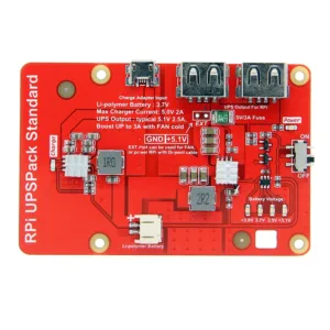 Červená deska RPi UPSPack Standard s USB konektory a obvody pro lithium baterii