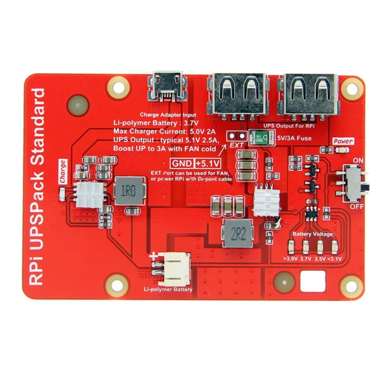 Červená deska RPi UPSPack Standard s USB konektory a obvody pro lithium baterii
