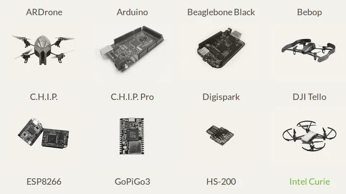 Mřížka desek a zařízení podporovaných Gobotem, například Arduino, ESP8266 a DJI Tello