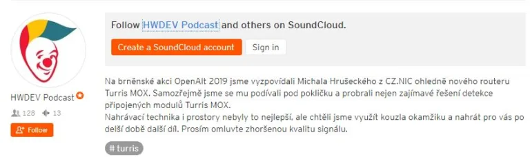 Přehrávač SoundCloud s příspěvkem HWDEV Podcast o routeru Turris MOX