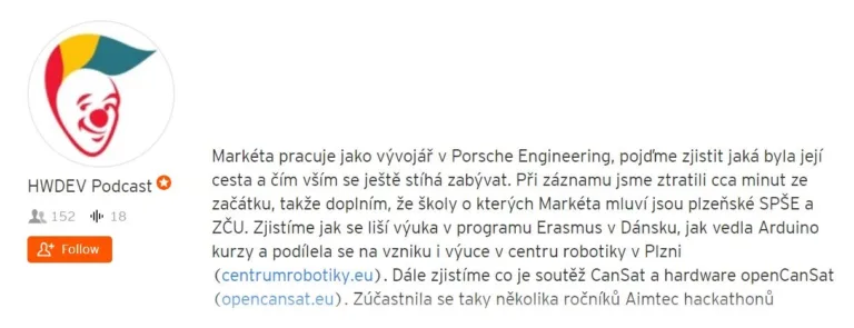 Profil HWDEV Podcast s logem a textem o Markétě Jedličkové