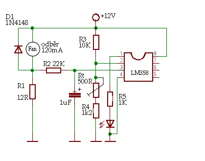 Schéma indikátoru zaseknutého ventilátoru s operačním zesilovačem LM358