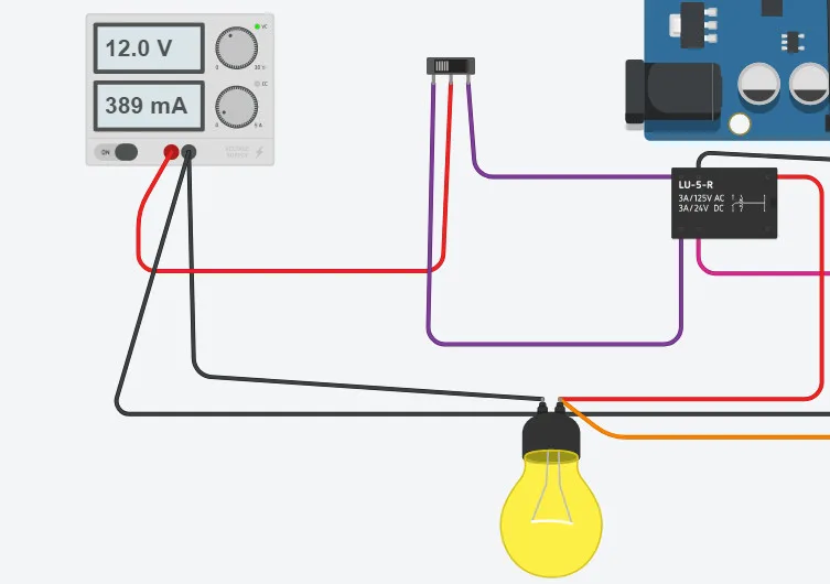 Schéma zapojenia NodeMCU s relé, žiarovkou a meracím zdrojom