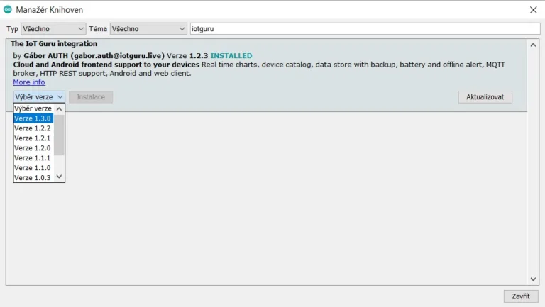 Správce knihoven Arduino IDE zobrazuje nainstalovanou knihovnu The IoT Guru Integration