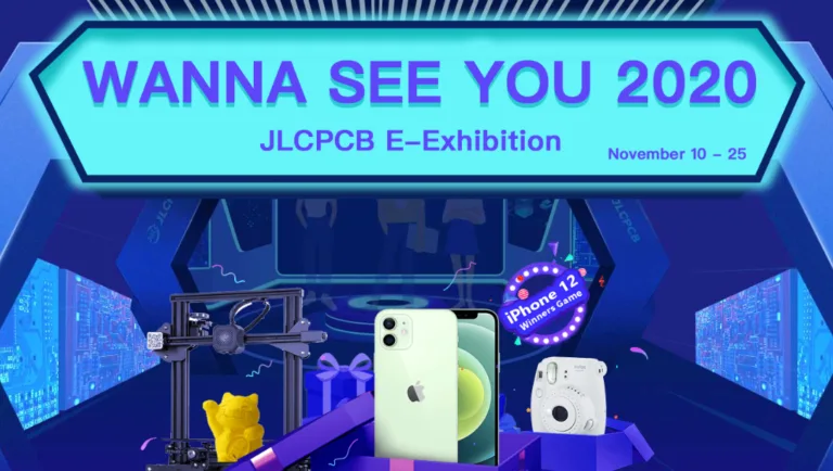 Propagační grafika JLCPCB s nápisem Wanna See You 2020 a ilustrací plošných spojů