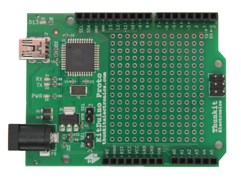 Zelená deska KitDuino Proto s mikrokontrolérem a univerzálním pájecím polem