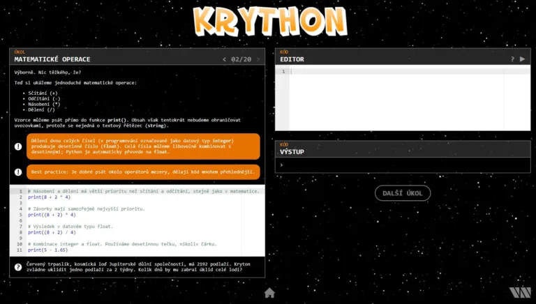 Rozhraní aplikace Krython s výukou Pythonu a editorem kódu