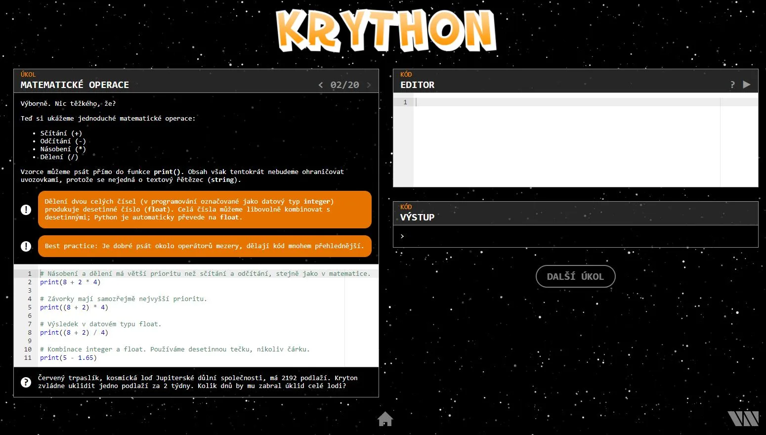 Rozhraní aplikace Krython s úkoly pro výuku Pythonu a editorem kódu