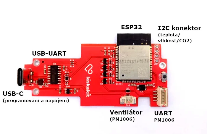 Červená řídicí deska LaskaKit s modulem ESP32 a konektory pro VINDRIKTNING