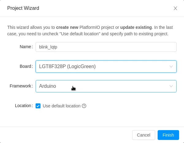 Dialog PlatformIO Project Wizard s vybranou deskou LGT8F328P a frameworkem Arduino