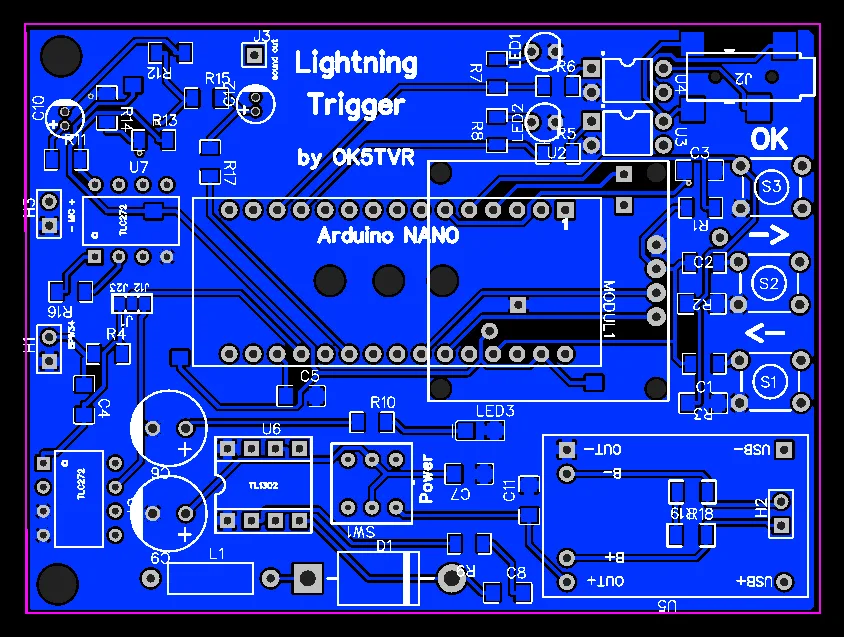 Návrh desky plošných spojů Lightning Trigger pro Arduino Nano