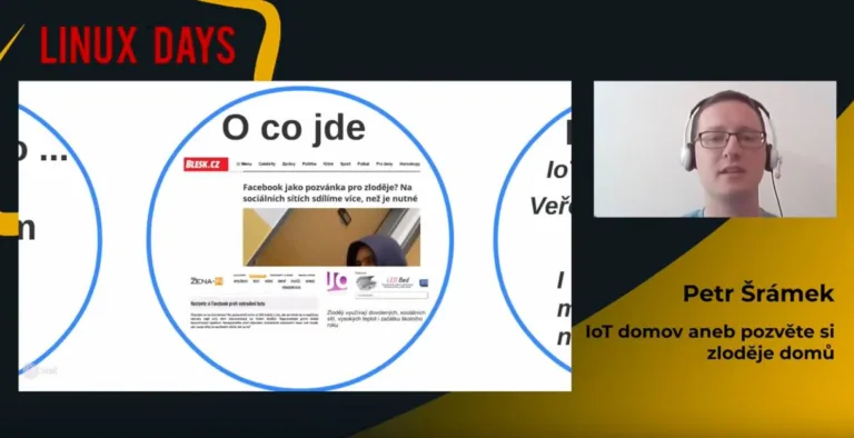 Snímek online přednášky Linuxdays 2020 s prezentací o zabezpečení IoT domova