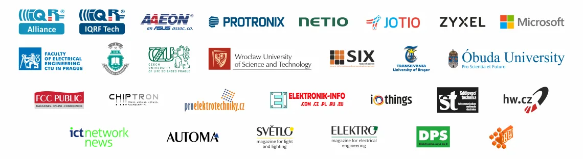 Loga partnerů soutěže IQRF Wireless Challenge, včetně Microsoftu, Zyxelu a ČVUT