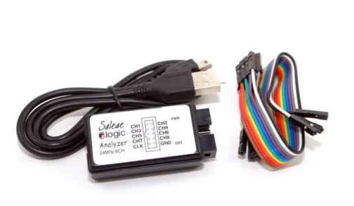 Klon logického analyzátoru Saleae s USB kabelem a barevným měřicím vodičem