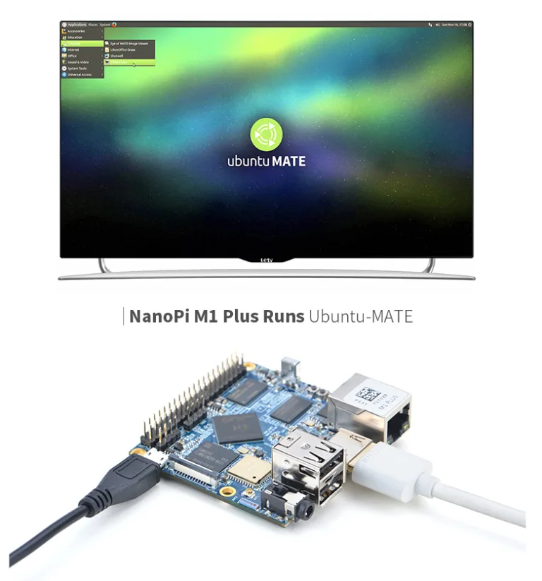 NanoPi M1 Plus připojený k monitoru s Ubuntu MATE