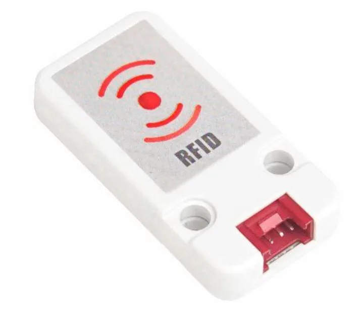 Bílý M5Stack RFID modul s červeným konektorem a symbolem bezkontaktní komunikace