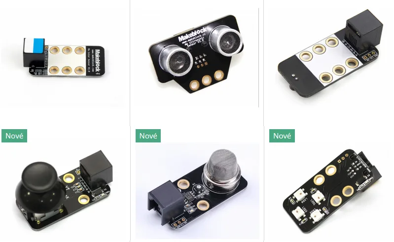 Přehled šesti modulů Makeblock se senzory a elektronickými součástkami