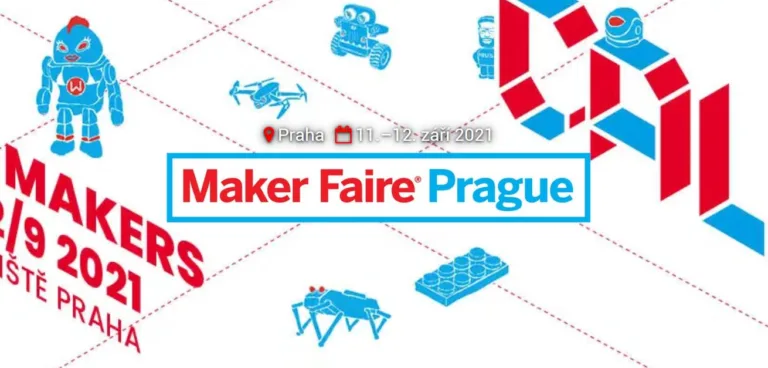 Grafika Maker Faire Prague 2021 s logem, robotem a termínem konání v Praze