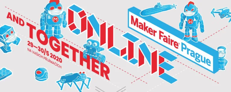 Grafika online Maker Faire Prague s roboty a nápisem 29.–30. 5. 2020