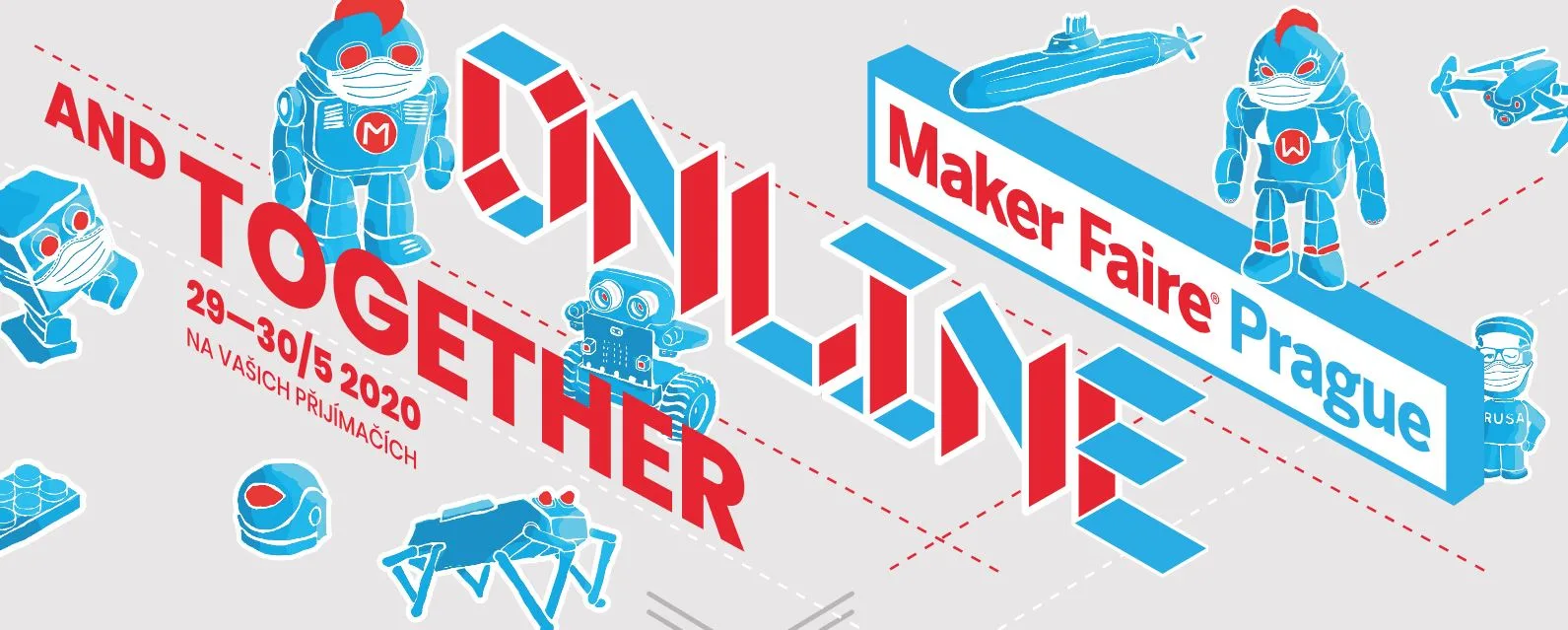 Barevná grafika Maker Faire Prague Online s logem a modrými roboty