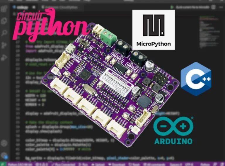 Fialová vývojová deska s RP2040 a konektory vedle log MicroPython, Arduino a C++