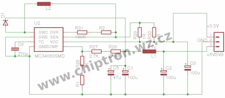 Aktualizováno: (Tabulky, grafy, účinnost) Zdroj s MC34063 +5V k rozšiřující desce pro LaunchPad/ Power supply with MC34063 +5V for expanded board of LaunchPad