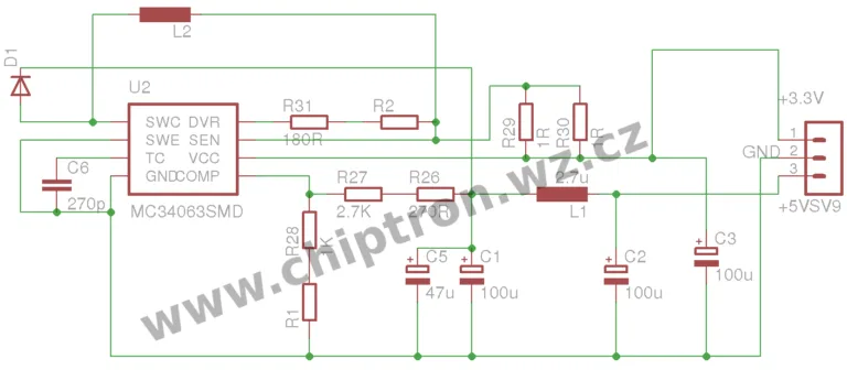 Schéma napájecího zdroje s obvodem MC34063 a výstupem +5 V