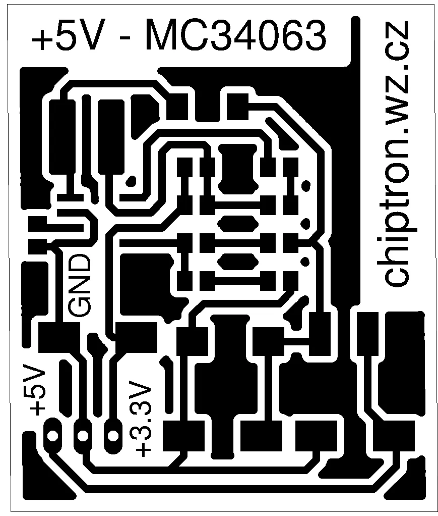 Černobílé rozložení spojů DPS zdroje s MC34063 a výstupem +5 V
