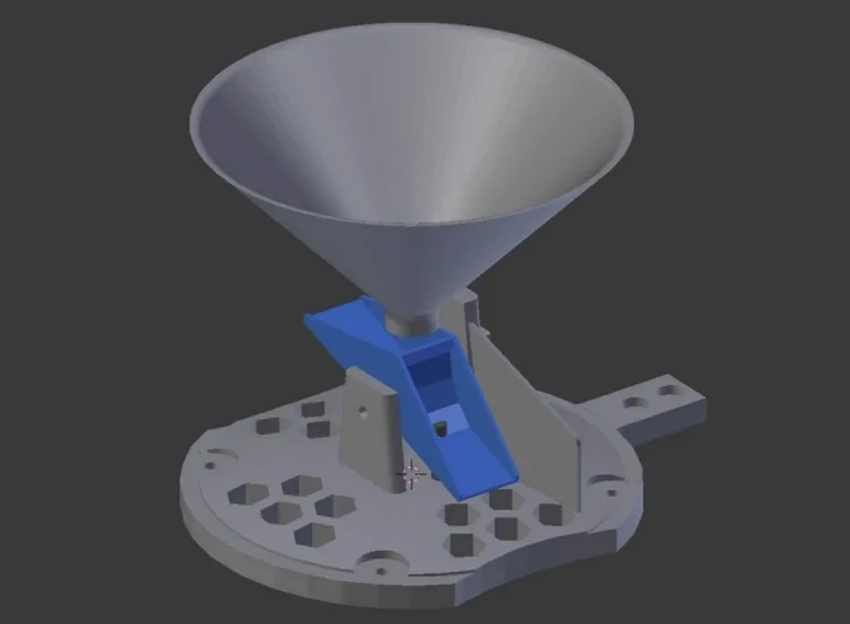3D tištěný srážkoměr s nálevkou a otočným mechanismem na základně