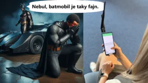 Ilustrace Meshtastic: uživatel kontroluje telefon s anténou vedle Batmana a Batmobilu