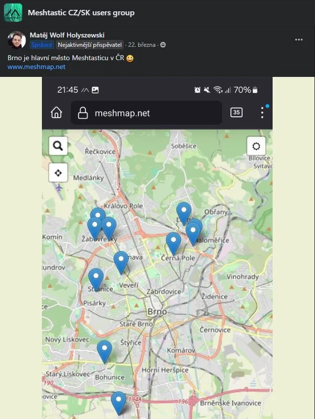 Mapa meshtastic.net zobrazuje několik komunikačních uzlů v okolí Brna