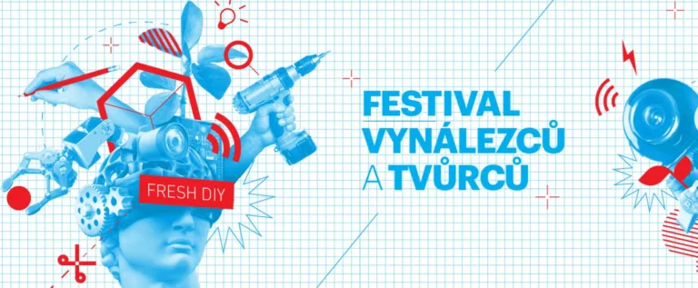 Grafika Maker Faire s robotickou hlavou a nápisem Festival vynálezců a tvůrců