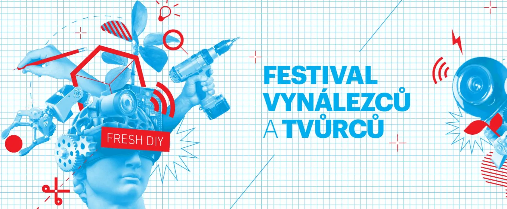 Ilustrace Maker Faire s motivem chytré vynalézavosti a technologických nápadů